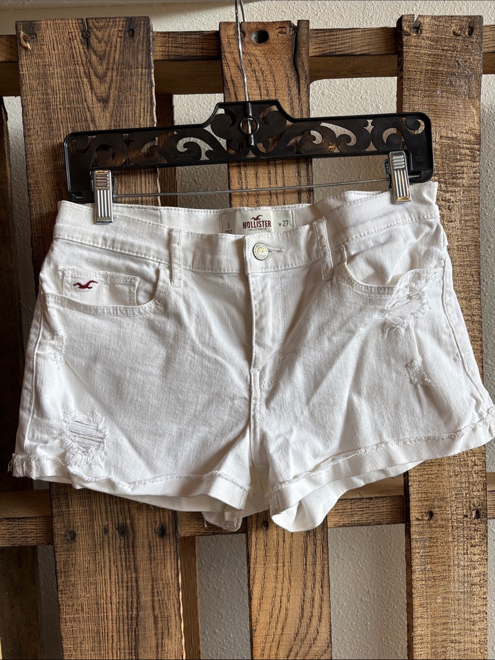 Hollister White Distressed Low-Rise Denim Shorts with Red Logo